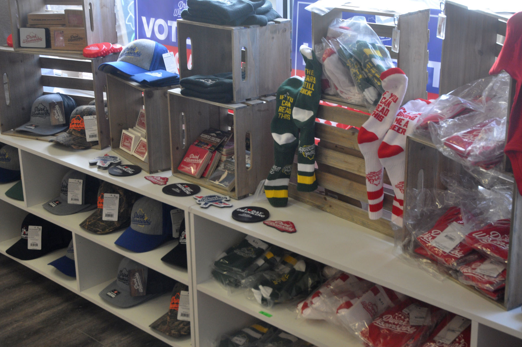 The Drink Wisconsinbly store, 223 Cook St. in Lake Geneva, offers a selection of socks and hats